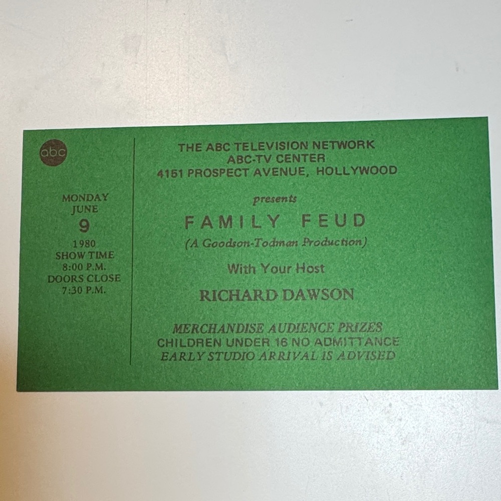 ABC Family Feud Tickets HOST Richard Dawson June 9, 1980 Vintage